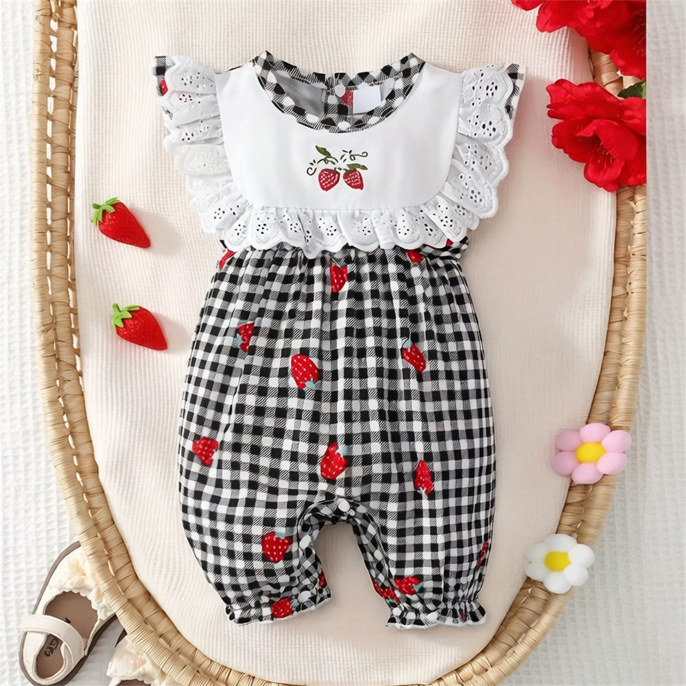 Stylish Strawberry Printed Plaid Sleeveless Baby Jumpsuit