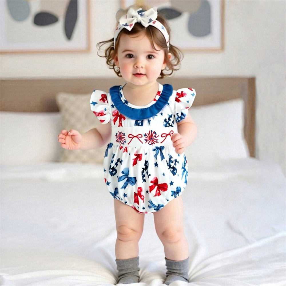Cute Bow Printed Ruffled Collar Fly Sleeve Baby Romper