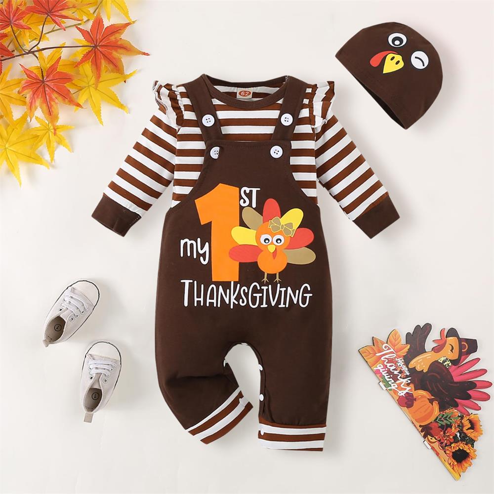3PCS My 1st Thanksgiving Print Striped Long Sleeve Baby Set