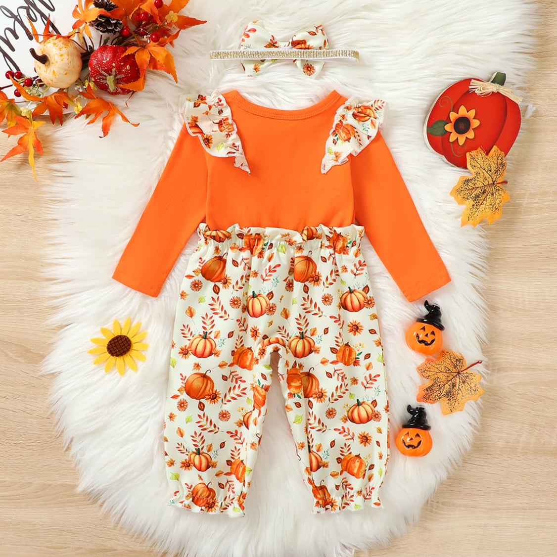 2PCS Halloween Pumpkin Printed Long Sleeve Baby Jumpsuit