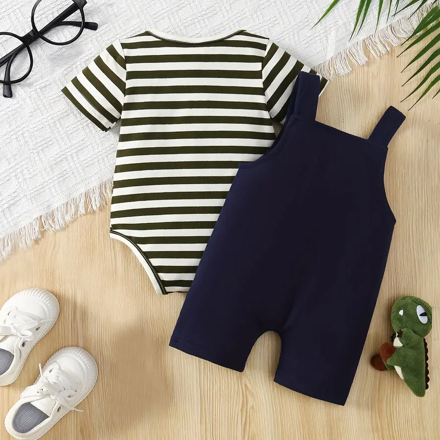 2PCS Cute Stripe and Dinosaur Printed Short Sleeve Baby Set