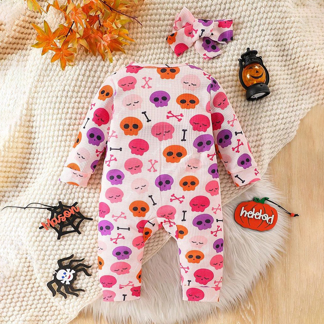 2PCS Multicolor Skull and Bones Printed Long Sleeve Halloween Baby Jumpsuit