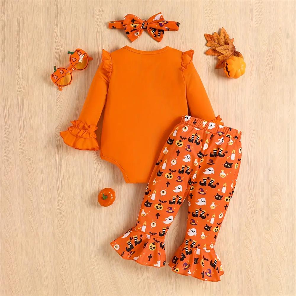 3PCS Boo! Happy Halloween Letter Print Long Sleeve Baby Set