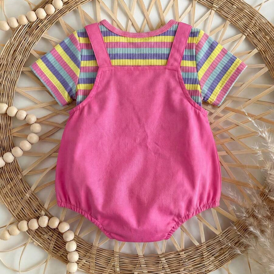 2PCS Cute Stripe Print Short Sleeve Overalls Baby Set