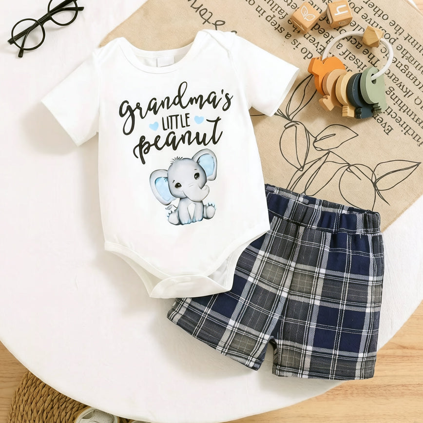 2PCS Grandma's Little Peanut Letter Elephant Plaid Print Baby Set