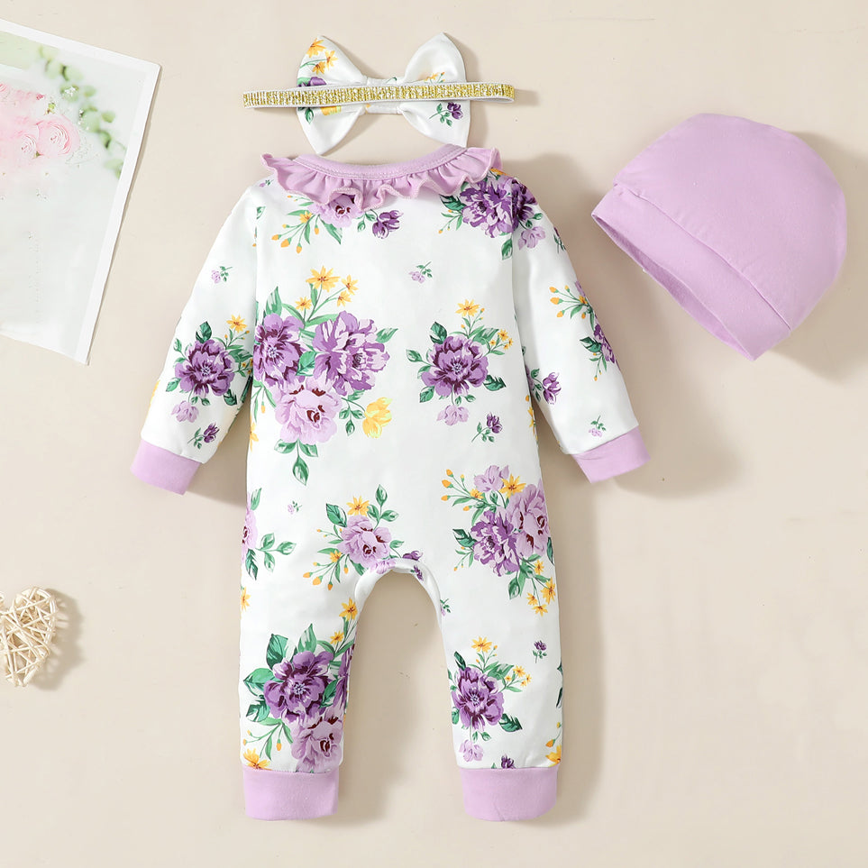 3PCS Charming Floral Print Bow Long Sleeve Baby Jumpsuit