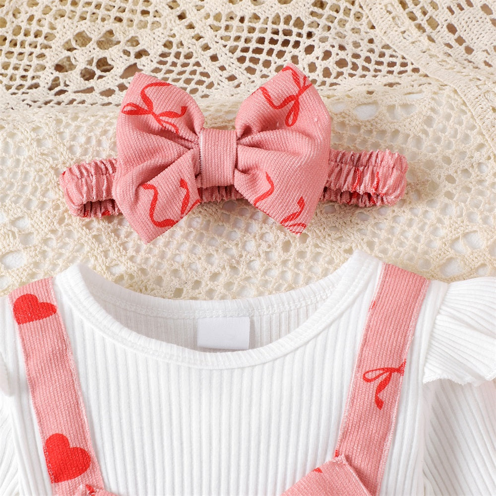 2PCS Cute Heart Bow Print Long Sleeve Baby Jumpsuit