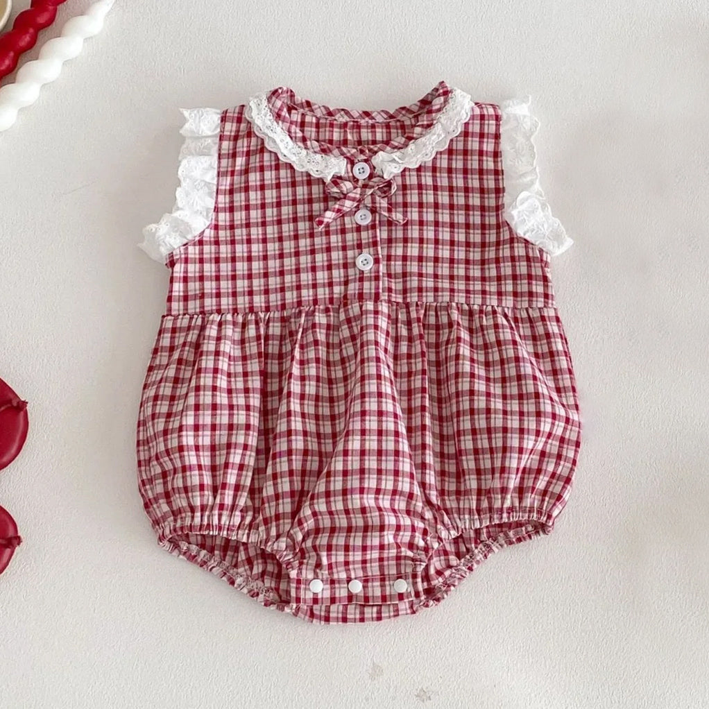 Vintage-style Gingham Print Flutter Sleeve Baby Romper