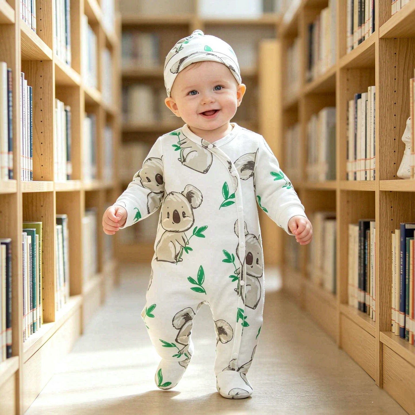 2PCS Casual Cute Koala Printed Long Sleeve Baby Jumpsuit