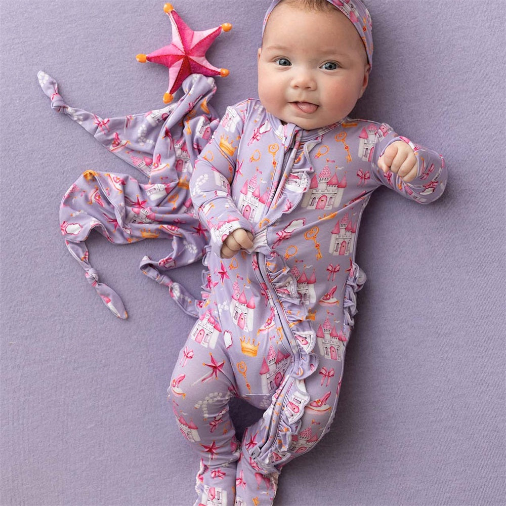 2PCS Dreamy Castle Print Frill Long Sleeve Baby Jumpsuit