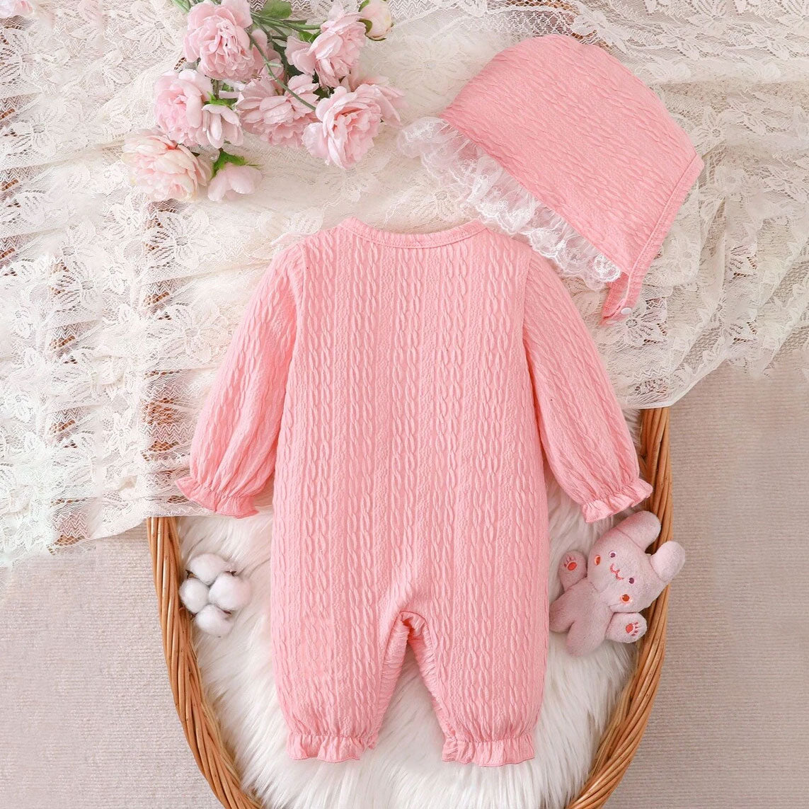 2PCS Adorable Solid Color Long Sleeve Lace Baby Girl Jumpsuit