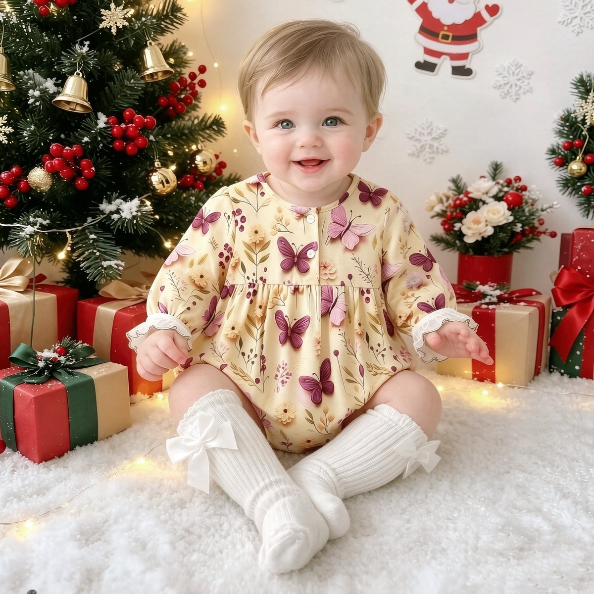 Sweet Butterfly Floral Print Long Sleeve Baby Girl Romper