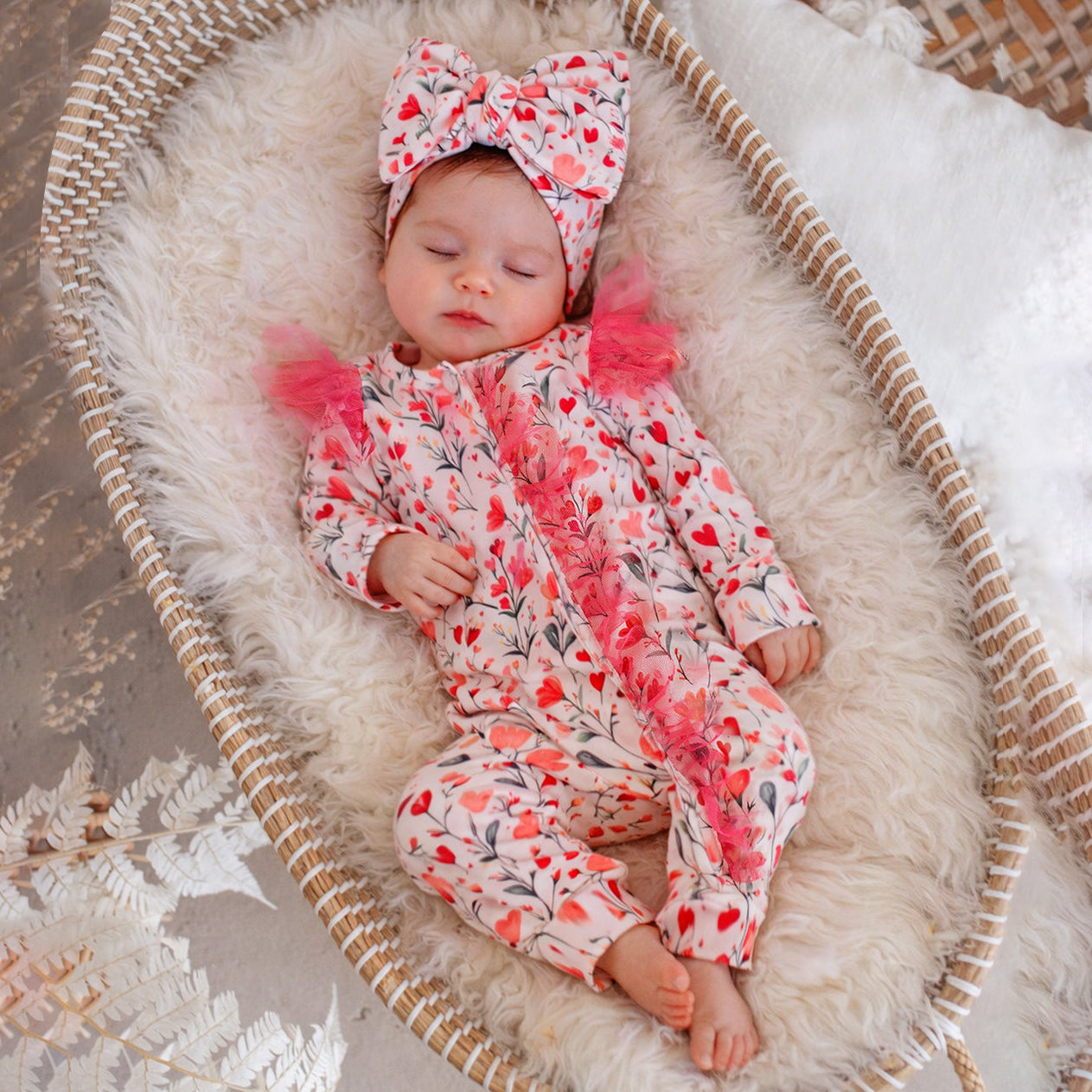 2PCS Lovely Floral Heart Print Zipper Mesh Baby Jumpsuit