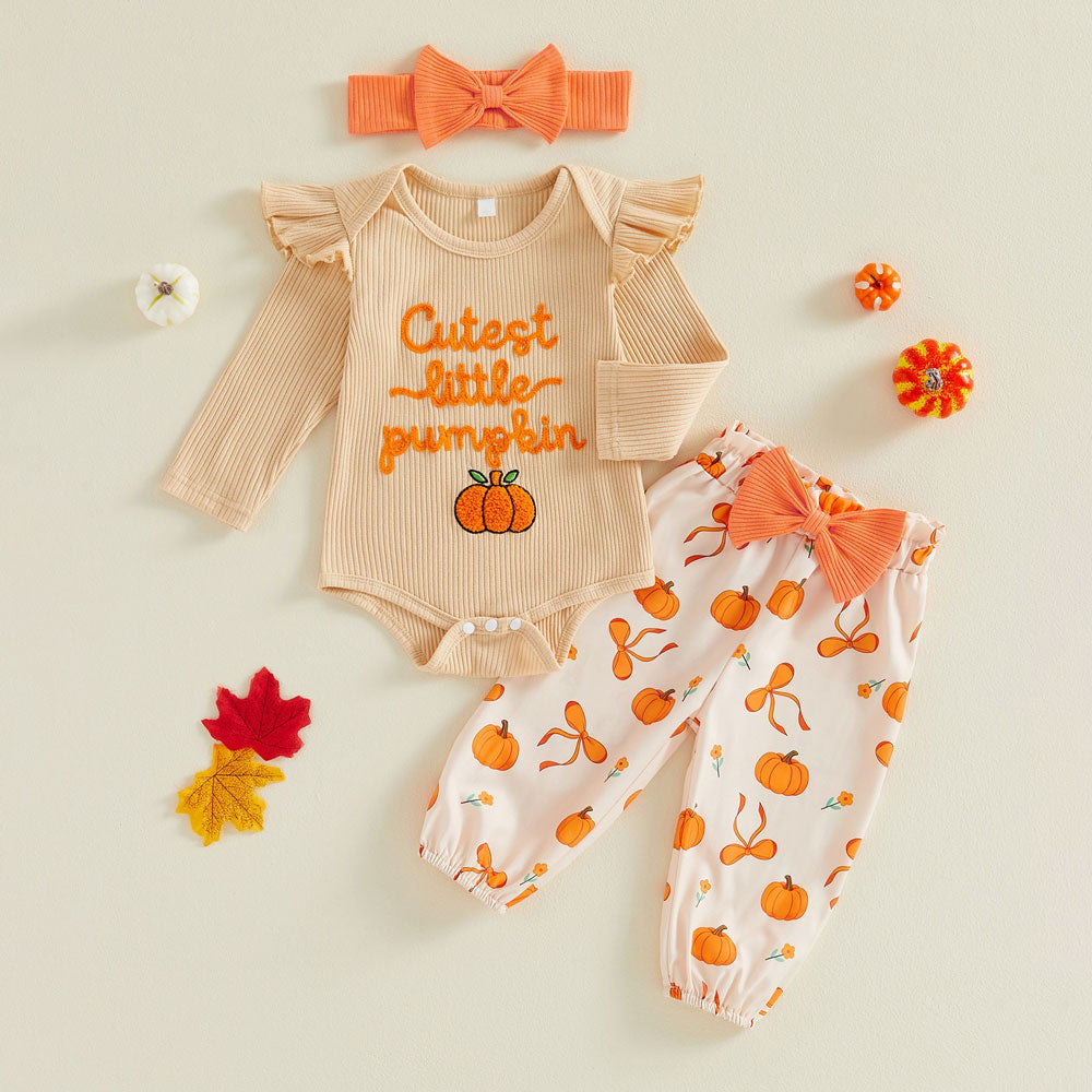 3PCS Halloween Letter Appliqué Pumpkin and Bow Printed Baby Set