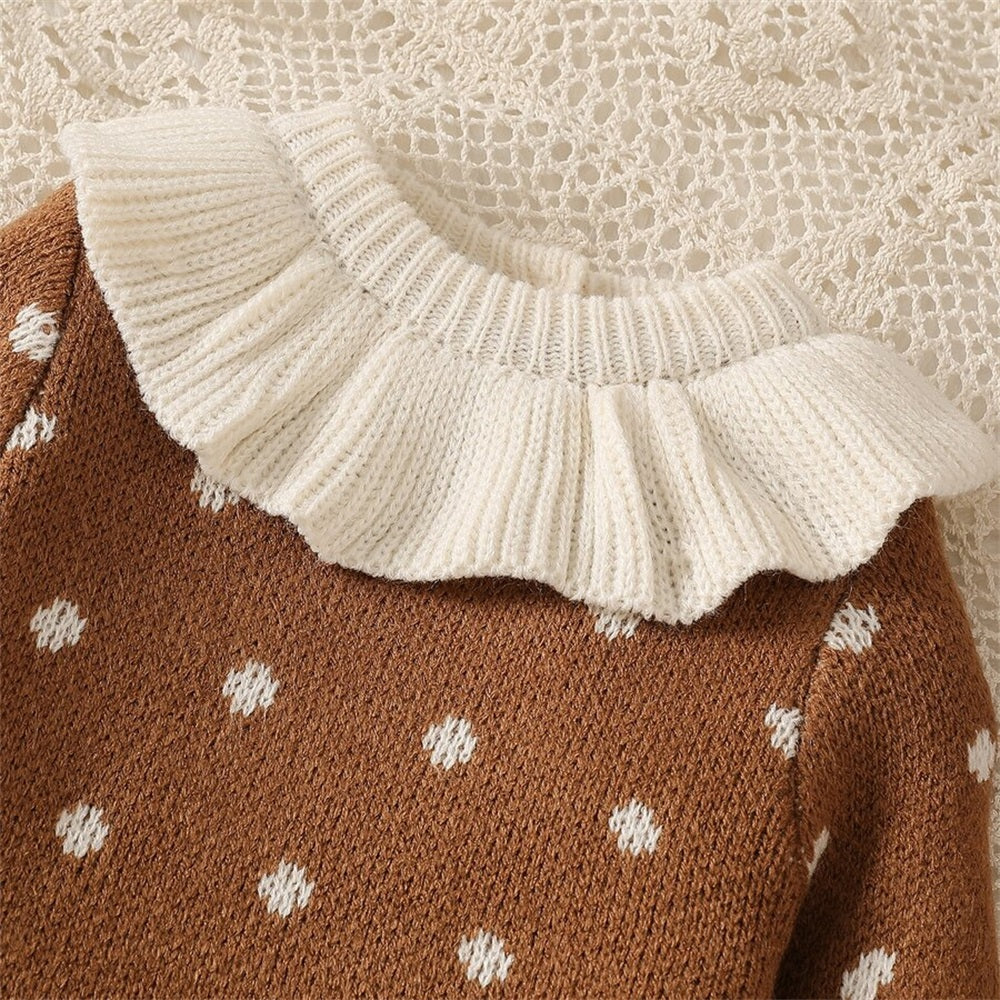 Vintage Ruffle Collar Polka Dot Print Long Sleeve Knit Baby Jumpsuit