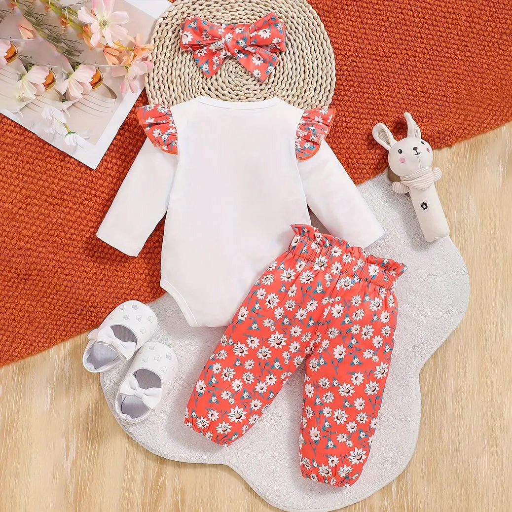 3PCS Cartoon Floral Heart Print Ruffled Long Sleeve Baby Set