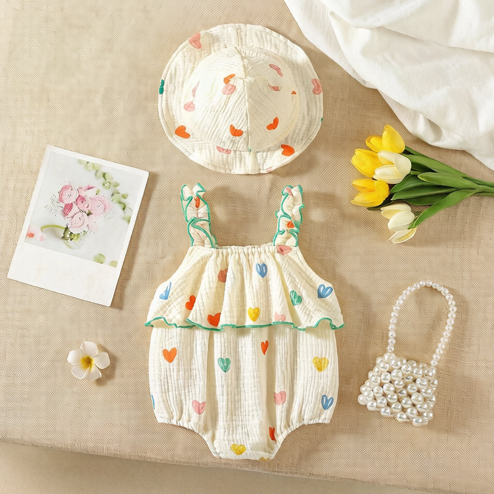 2PCS Fresh Heart Print Sleeveless With Hat Baby Romper