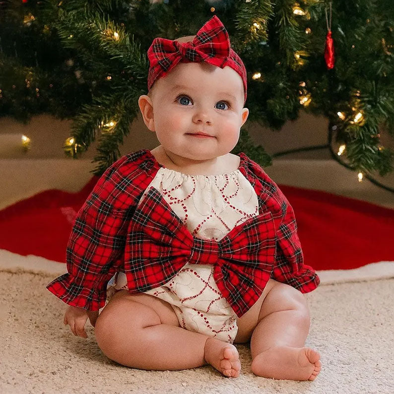 2PCS Lovely Christmas Plaid Printed Long Sleeve Baby Romper