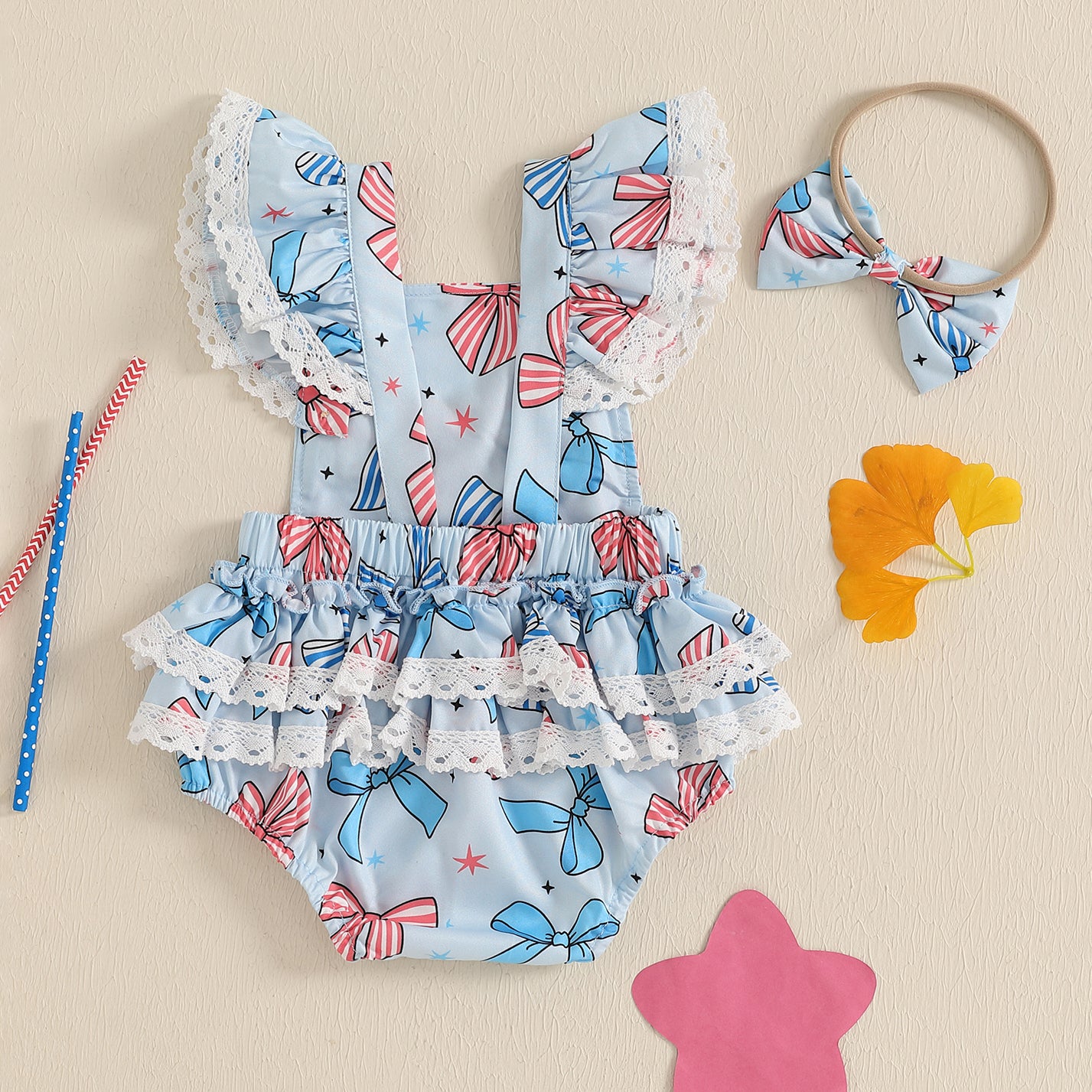 2PCS Cute Bow Printed Independence Day Baby Romper