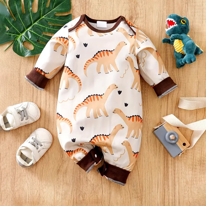 Casual Cartoon Dinosaur Full Printed Long Sleeve Baby Jumpsuit