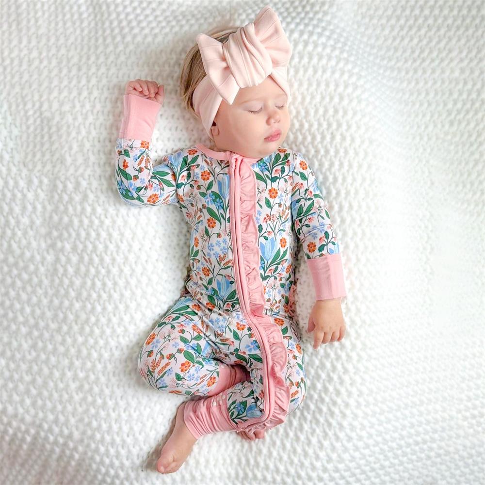 Allover Floral Print Ruffle Zipper Baby Jumpsuit
