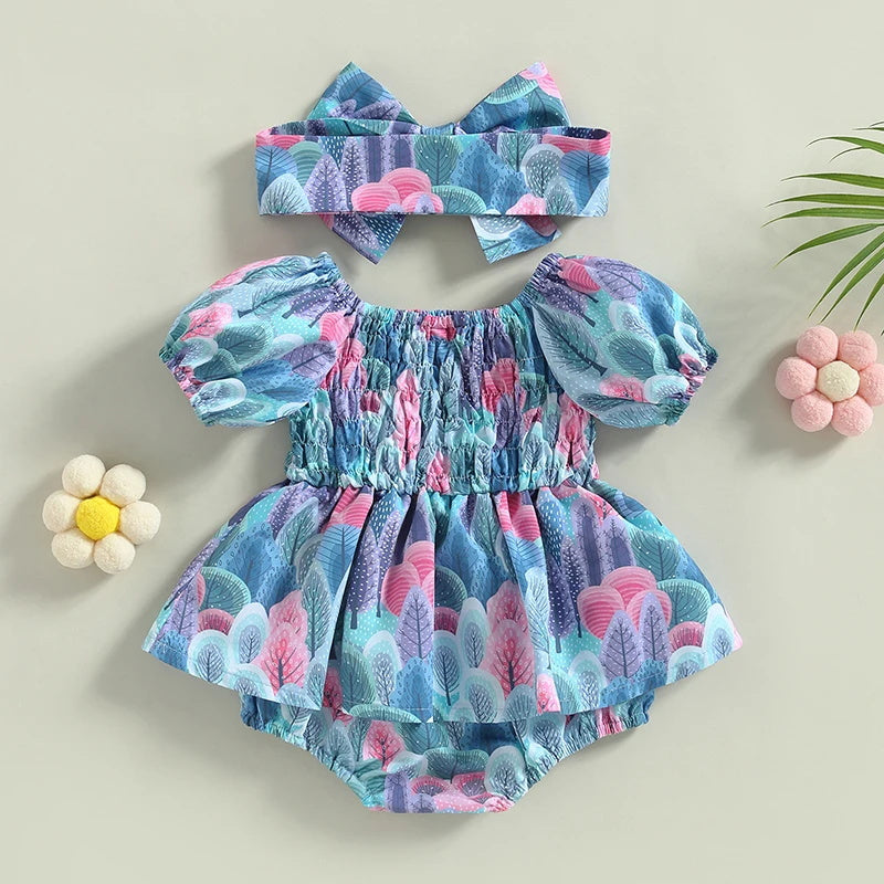 2PCS Allover Leaf Printed Short Sleeve Baby Romper