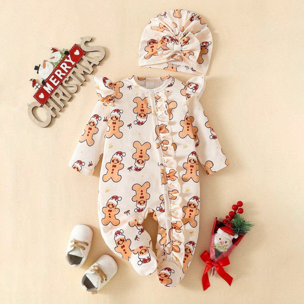 2PCS Lovely Gingerbread Man Bow Printed Long Sleeve Zipper Baby Jumpsuit