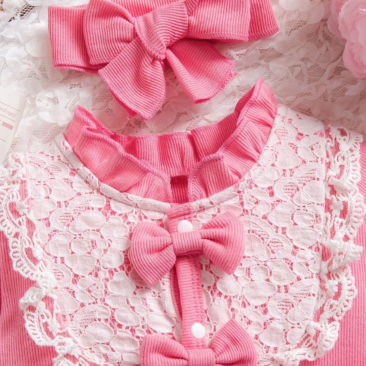 2PCS Refined Solid Color Long Sleeve Lace Baby Girl Jumpsuit