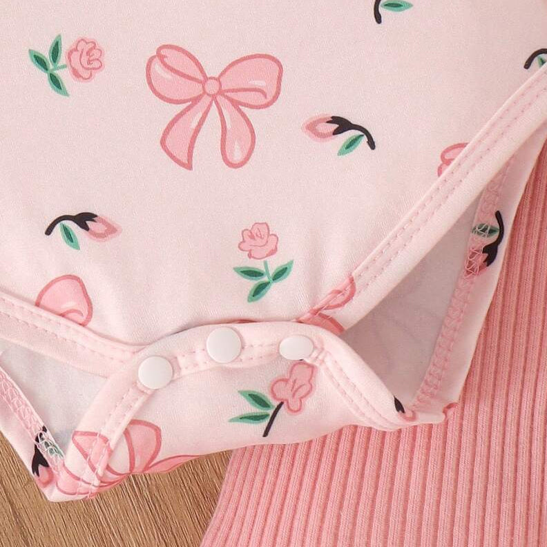 3PCS Chic Bow & Floral Print Short Sleeve Baby Girl Set