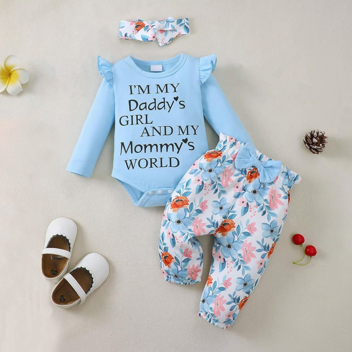 3PCS Daddy's Girl and Mommy's World Letter Floral Printed Baby Girl Set