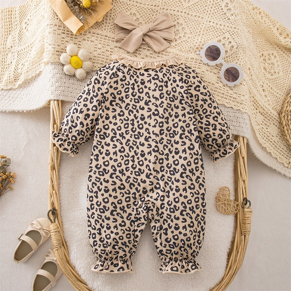 2PCS Adorable Leopard Print Ruffle Long Sleeve Baby Jumpsuit