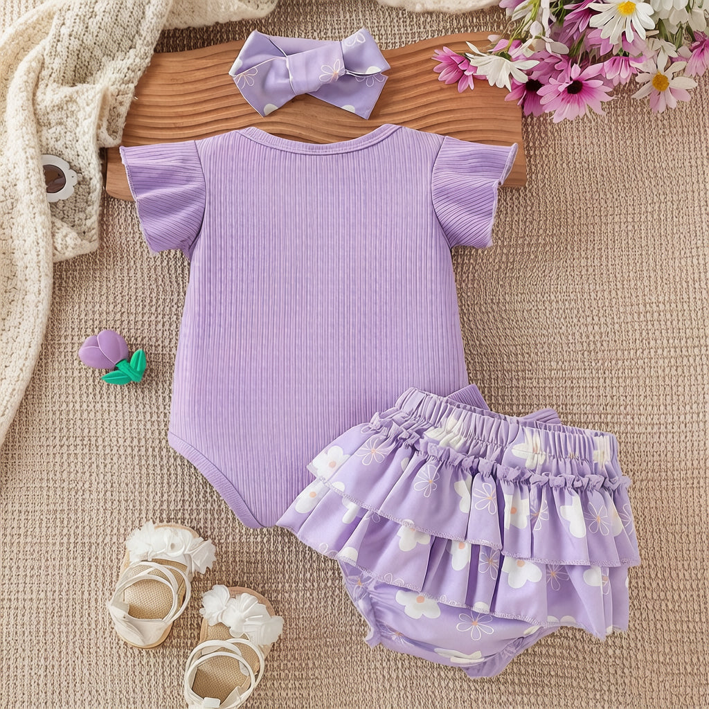 3PCS Dreamy Daddy's Girl Letter Floral Print Flutter Sleeve Baby Set