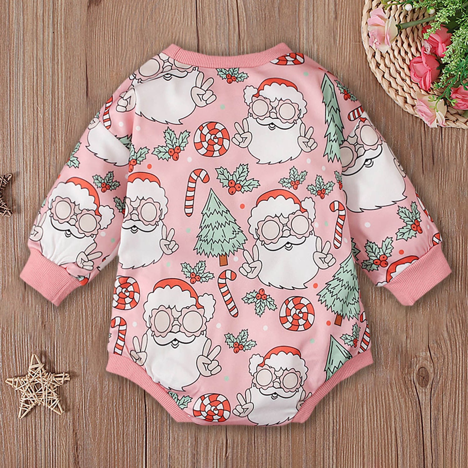 Christmas Tree and Santa Claus Printed Long Sleeve Baby Romper