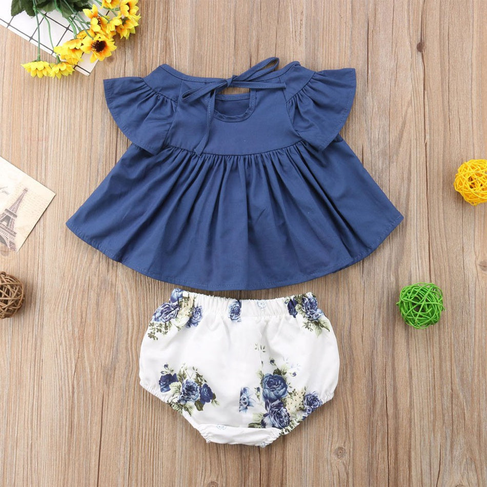 2PCS Flutter Sleeve Top and Shorts for Baby Girl