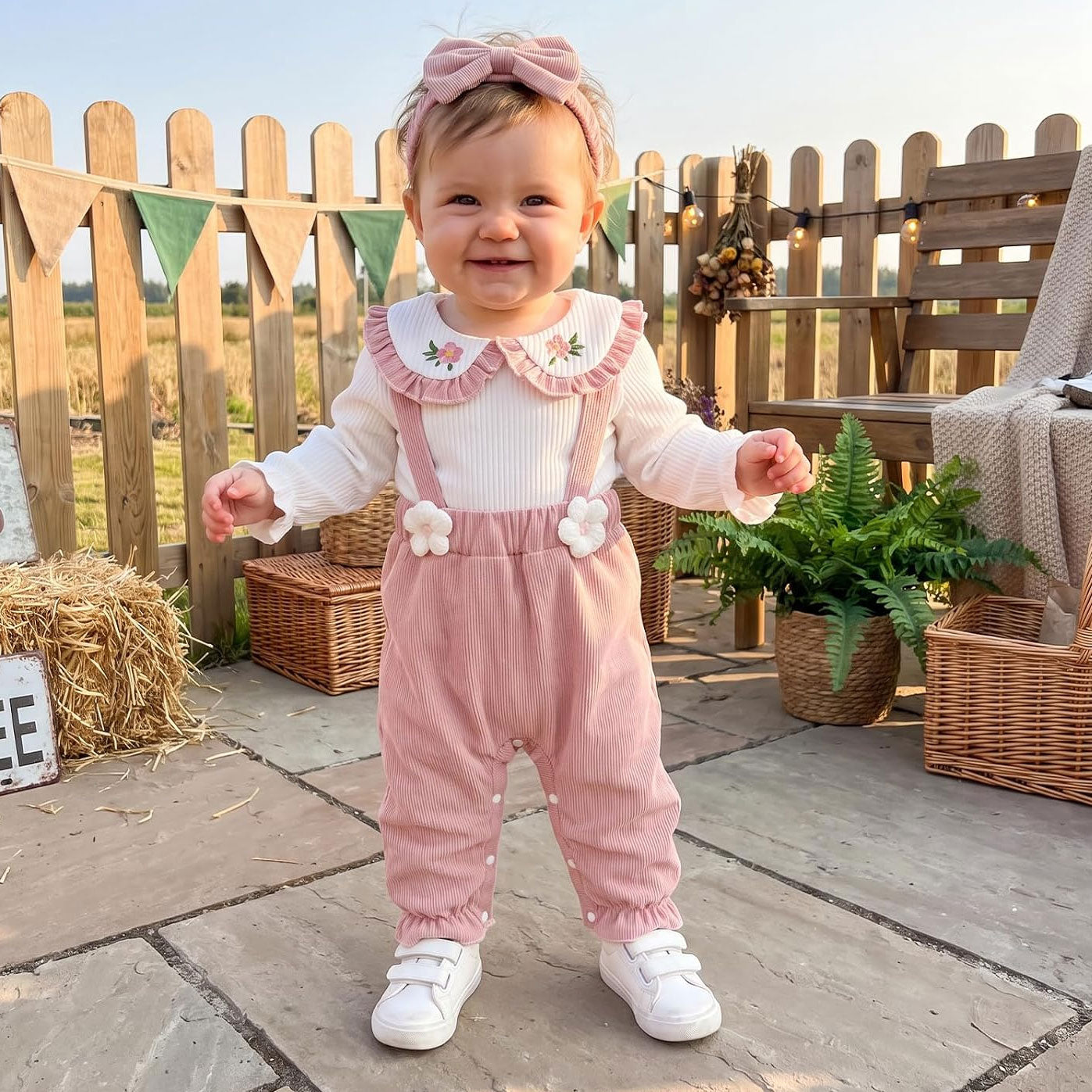 2PCS Lovely Floral Appliqué Long Sleeve Baby Jumpsuit