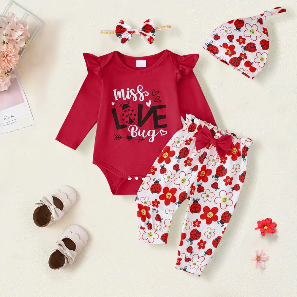 4PCS Miss Love Bug Letter Ladybug Floral Print Baby Set