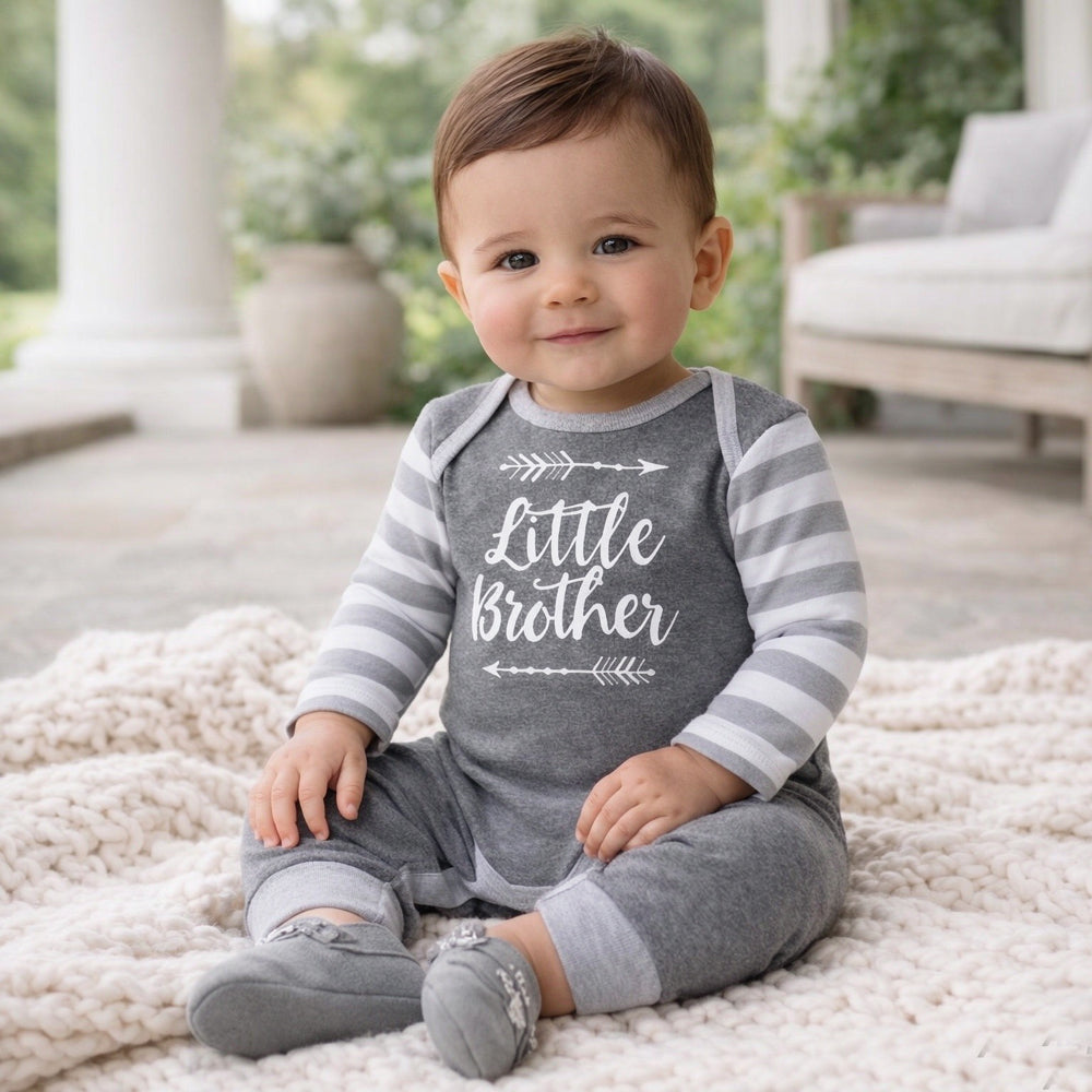 Cute Little Brother Letter Stripe Printed Long Sleeve Baby Jumpsuit