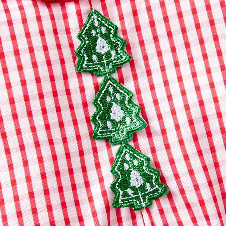 Lovely Christmas Tree Applique Plaid Printed Long Sleeve Baby Romper