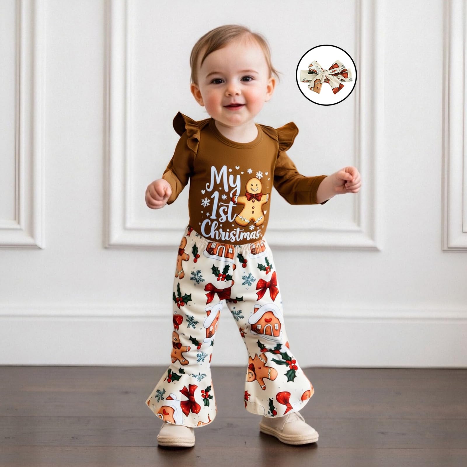 3PCS My 1st Christmas Letter Gingerbread Print Long Sleeve Baby Set