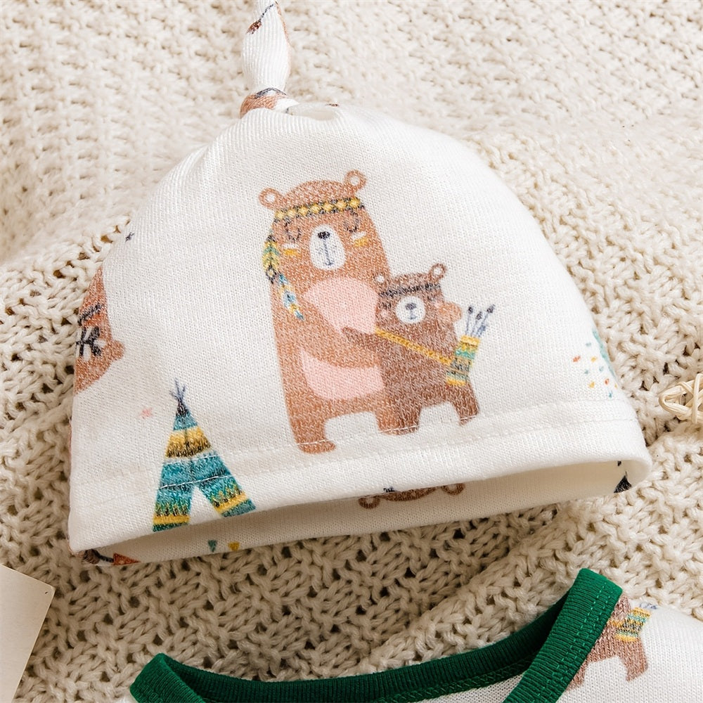 2PCS Adorable Bear Printed Long Sleeve Baby Boy Jumpsuit