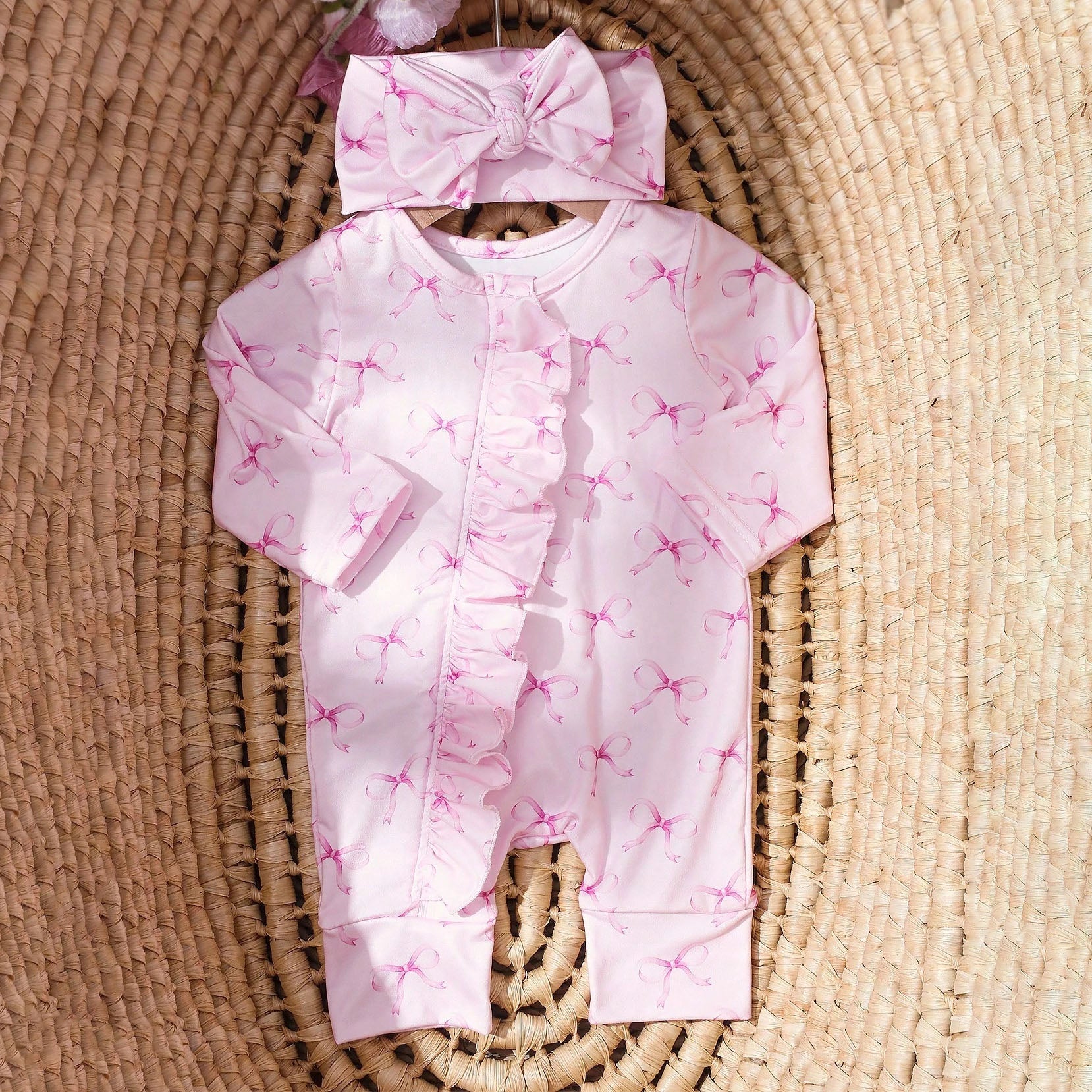 2PCS Sweet Bow Print Ruffle Long Sleeve Baby Jumpsuit