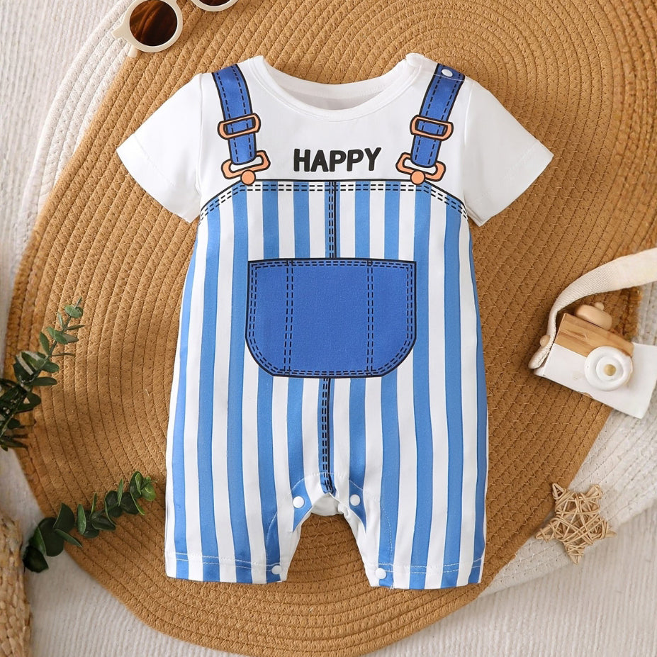 Cozy Happy Letter Striped Printed Short Sleeve Baby Jumpsuit