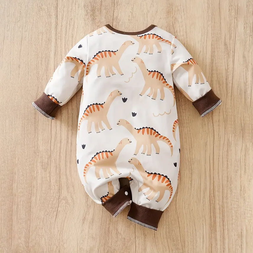 Casual Cartoon Dinosaur Full Printed Long Sleeve Baby Jumpsuit