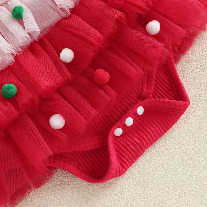 2PCS Baby Girl Reindeer Applique Long Sleeve Christmas Tulle Romper