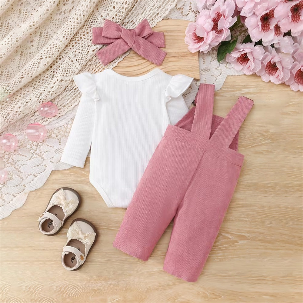 3PCS Sweet Bow Print Long Sleeve Baby Overalls Set