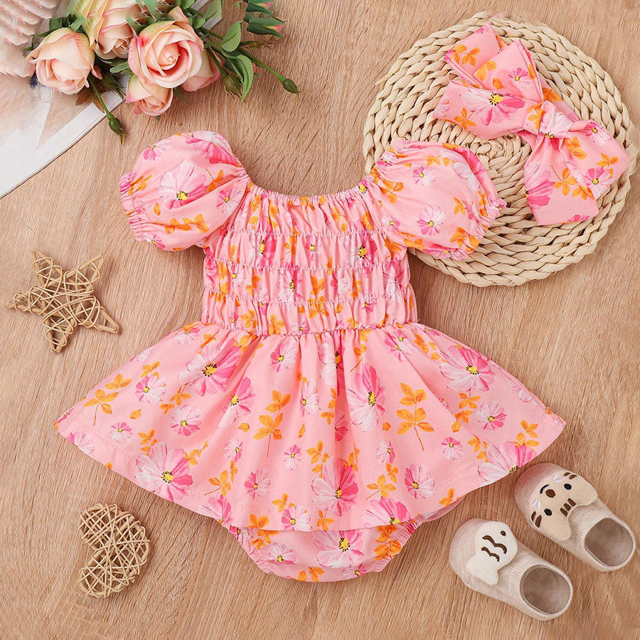 2PCS Summer Pretty Floral Printed Short Sleeve Baby Romper