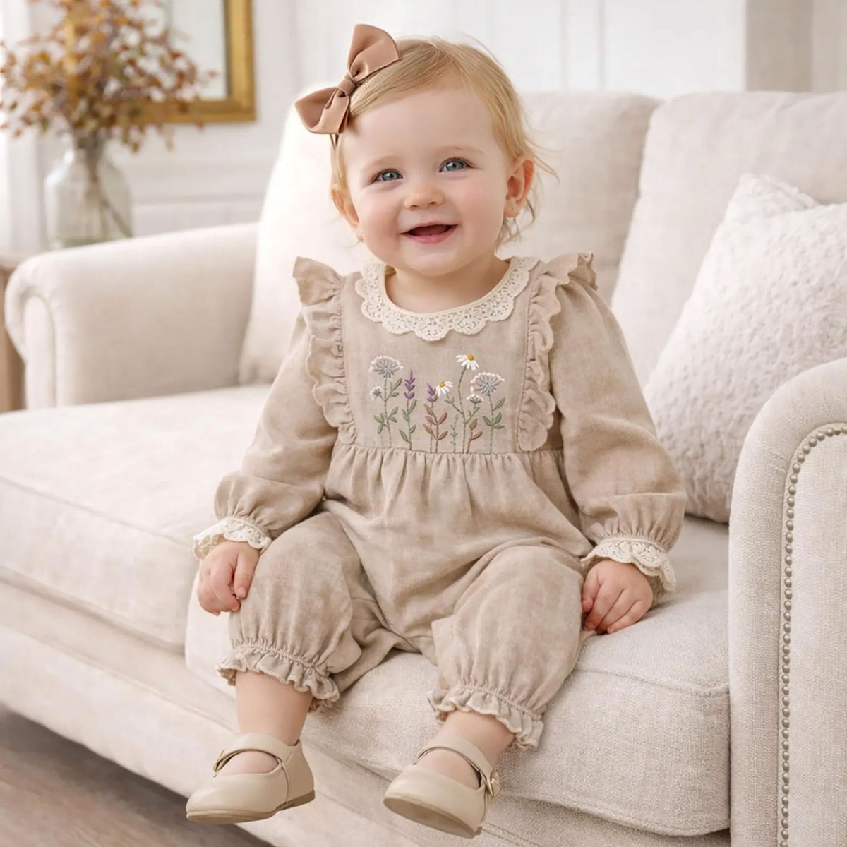 Refined Floral Embroidery Long Sleeve Baby Jumpsuit