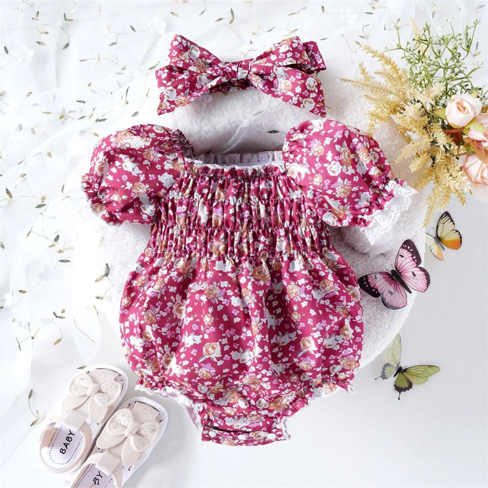 2PCS Allover Floral Printed Bubble Sleeve Baby Romper