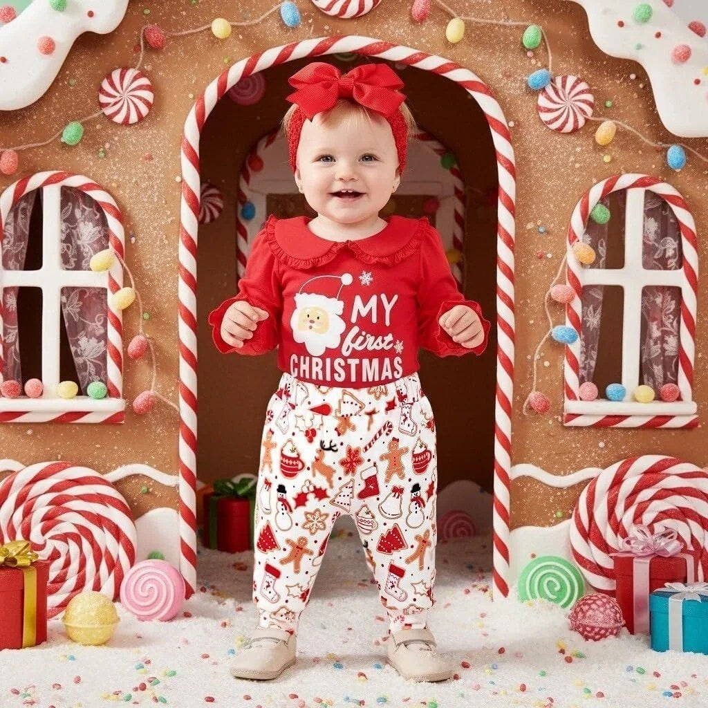 3PCS My First Christmas Letter Santa Print Long Sleeve Baby Girl Set