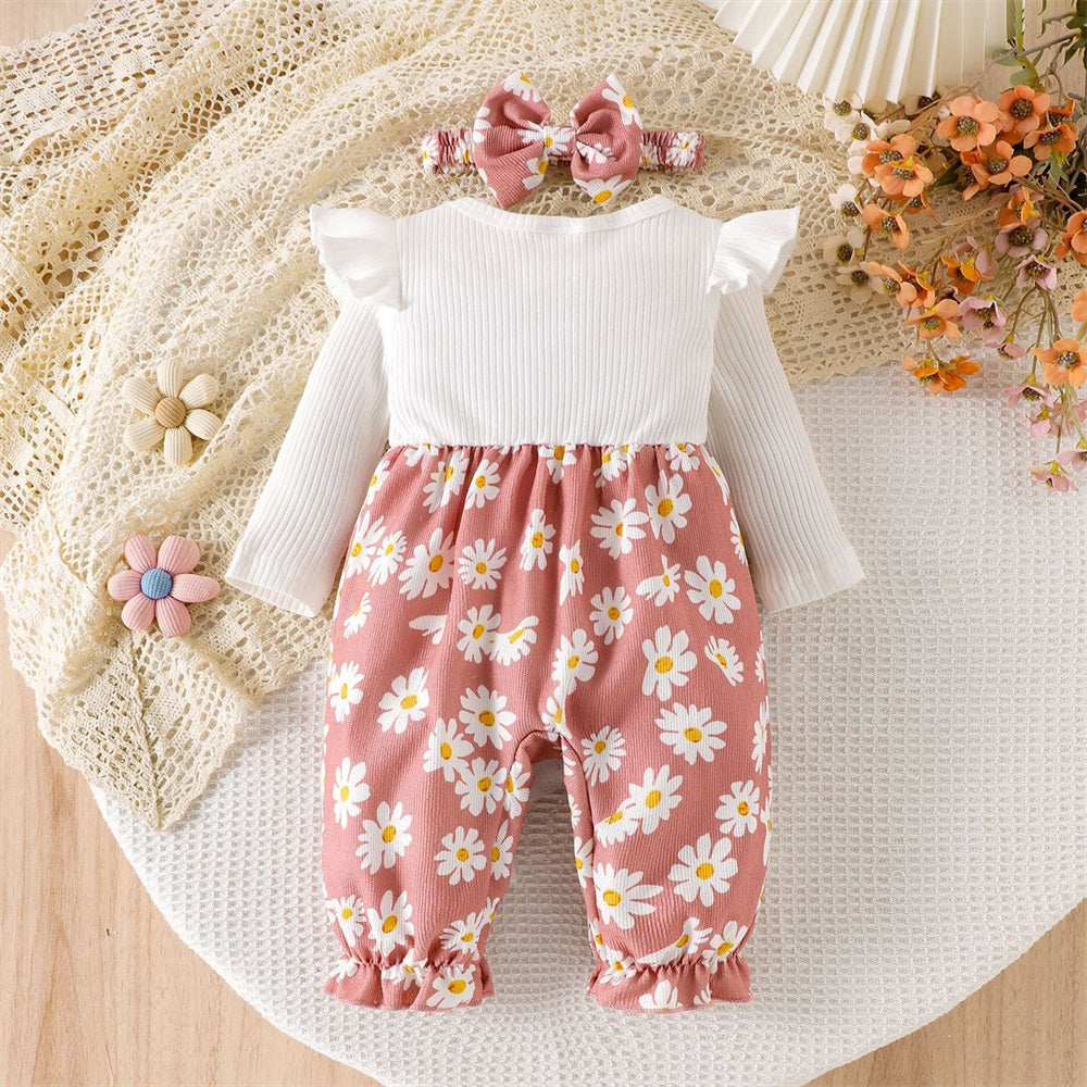 2PCS Casual Cute Daisy Print Long Sleeve Baby Jumpsuit